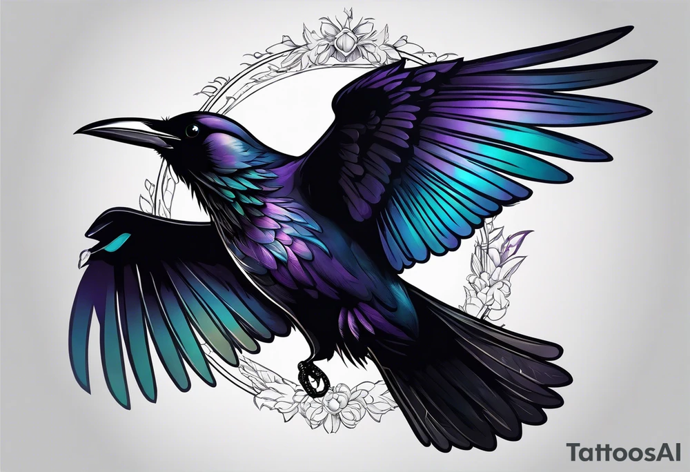 raven above a hummingbird with the raven facing right and the hummingbird facing left tattoo idea