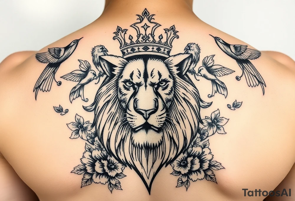 powerful majestic lion with a crown, surrounded by floral ornaments and birds tattoo idea