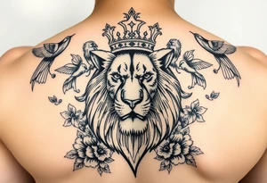 powerful majestic lion with a crown, surrounded by floral ornaments and birds tattoo idea
