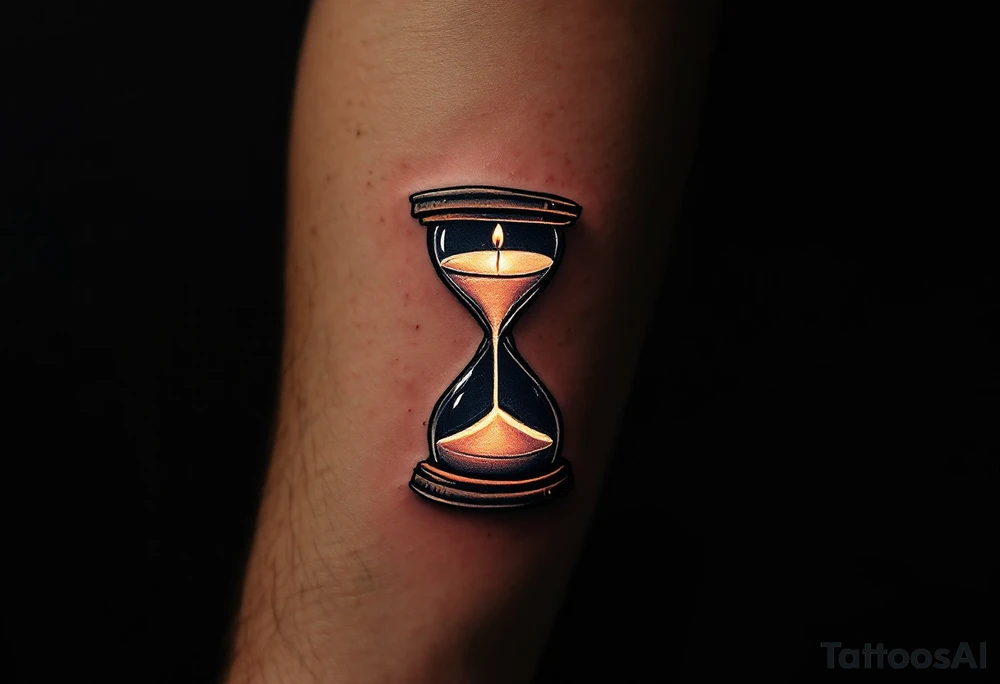 A candlelit hourglass, with melted wax forming numbers, glowing warmly against a dark background. tattoo idea