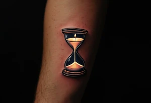 A candlelit hourglass, with melted wax forming numbers, glowing warmly against a dark background. tattoo idea