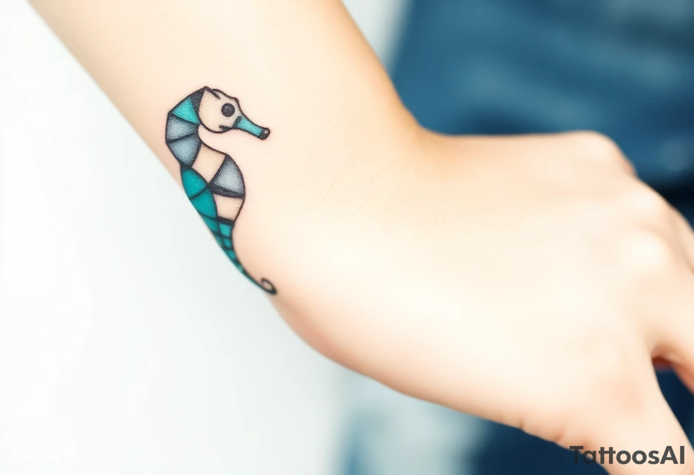 A geometric seahorse made of triangular facets, blending in shades of blue, teal, and gold. tattoo idea