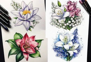 Larkspur, Lily of the valley, water, lily, Hawthorne, flower, carnation, snowdrop flower half sleeve tattoo idea