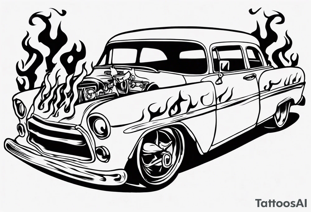 I want a tattoo of a skeleton with flames driving an old vintage chevy and i want the name “Viking Customs” to be in the tattoo tattoo idea