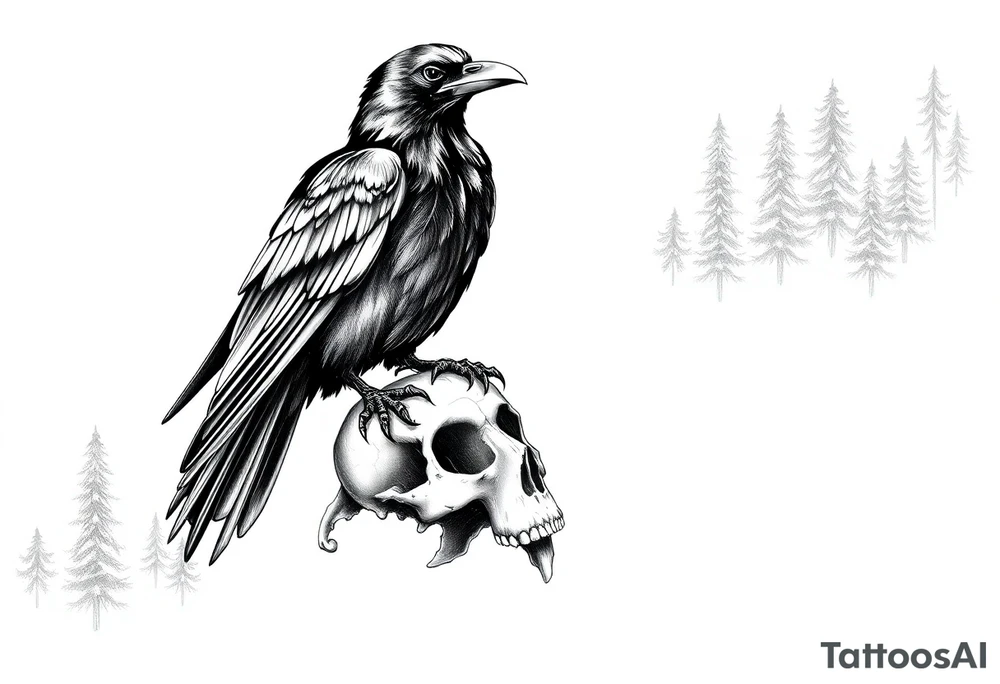 a raven stands on a skull, a forest in the background. tattoo idea