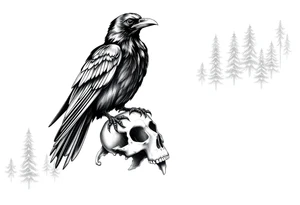 a raven stands on a skull, a forest in the background. tattoo idea