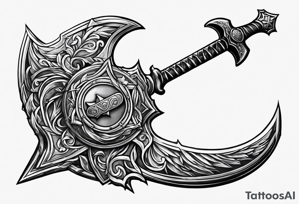 Valhalla sword shield axe mist tattoo idea