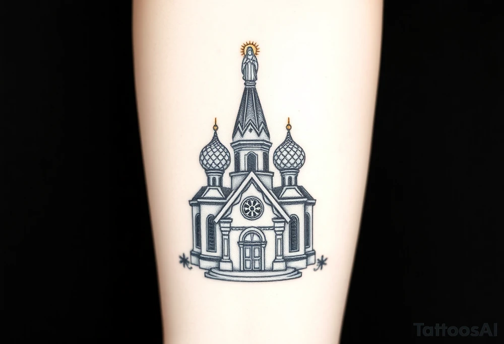 in a dorsal view a detailed medium sized country style russian orthodox church with onion domes and a band at the front with mist shrouding the top and fading into a virgin mary overlooking above at the top tattoo idea