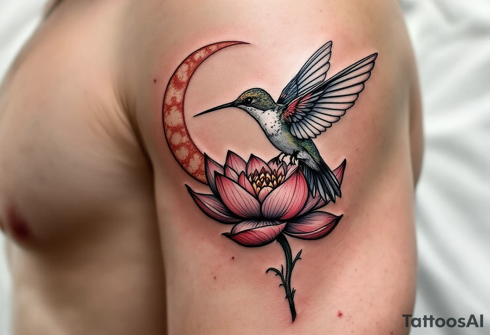 A hummingbird drinking from a lotus flower with one wing made of light (sun disc) and the other made of shadow (crescent moon) (red and black only) tattoo idea