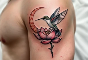 A hummingbird drinking from a lotus flower with one wing made of light (sun disc) and the other made of shadow (crescent moon) (red and black only) tattoo idea