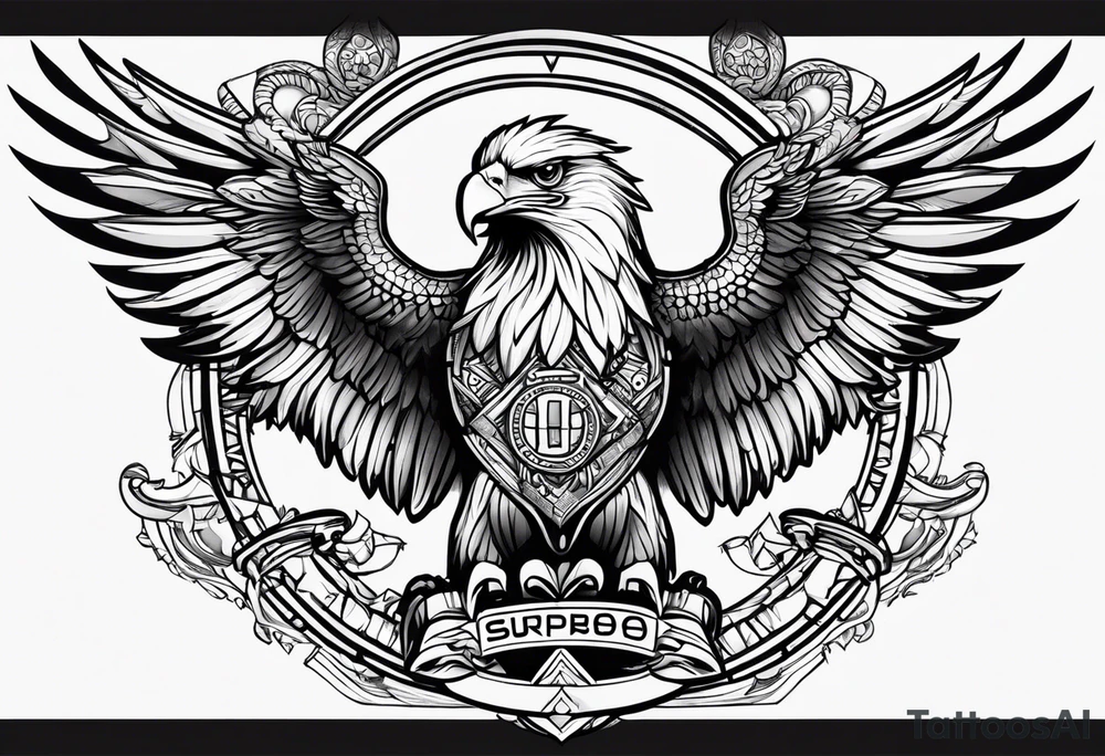 An eagle holding a banner  that reads flectere si nequeo supros acheronta movebo tattoo idea