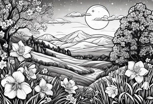 Winter sky, flowers, stars, violets, primroses, ash tree, daffodil, jonquil tattoo idea