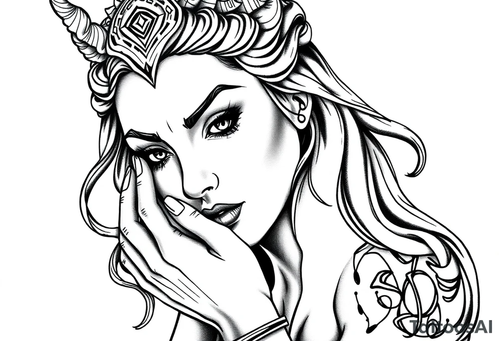 Mythological women holdin her face tattoo idea