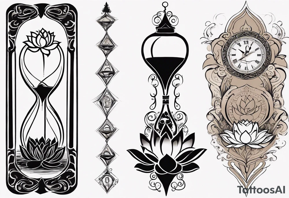 Tattoo Design on forearm Instructions:

Central Hourglass: Place in the middle; dark sand at the top, light sand flowing down.
Lotus Flower: Grow from the base of the hourglass, symbolizing growth from hardship.
Family Scene: On one side, depict two boys holding hands, looking up at a larger protective mother figure.
Betrayal Symbolism: Add a broken chain near the hourglass's bottom; a rising phoenix beside it.
Pathway of Growth: A path with stepping stones leading upwards; include a koi fish, crane, and yin-yang symbols.
Asian Elements: Scatter cherry blossoms, waves, and wind patterns; add Kanji for key values like "loyalty" and "strength."
Color and Style: Use black and grey with hints of pink, white, and orange.
Placement: Best as a sleeve or back piece for full detail and flow. tattoo idea