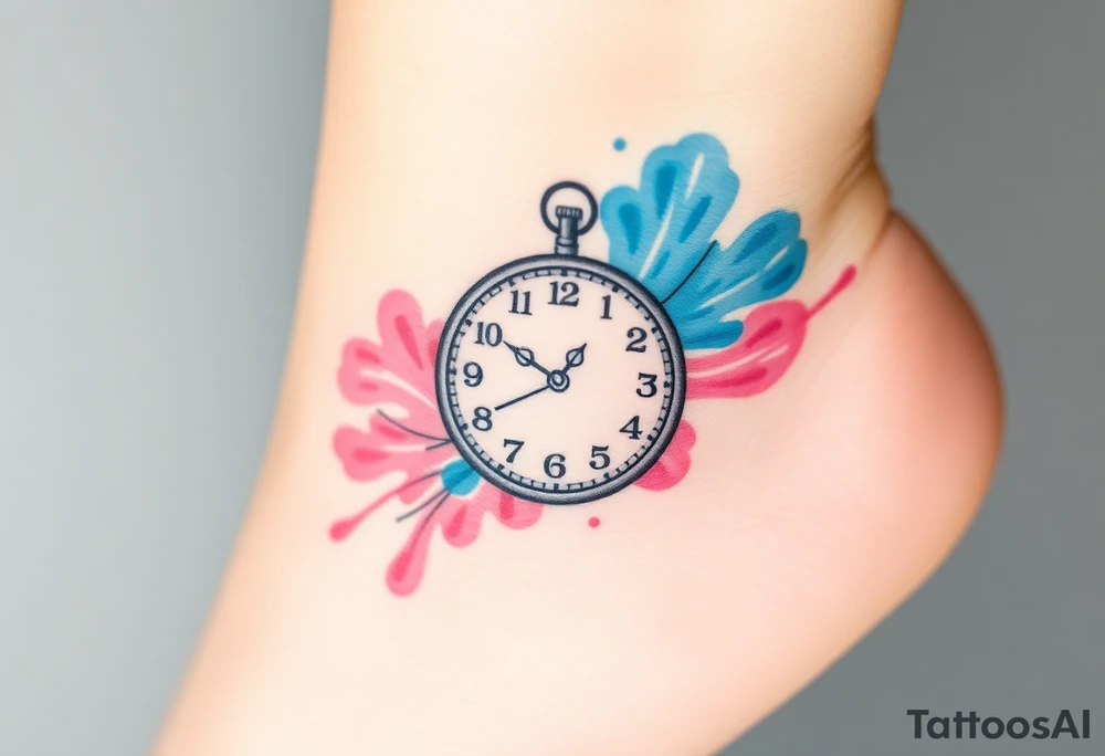 A delicate clock frozen at the baby’s birth time, surrounded by soft pastel blue and pink watercolor splashes, symbolizing the moment of arrival tattoo idea