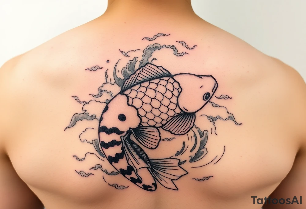 traditional koi fish swimming upstream through turbulent waves tattoo idea