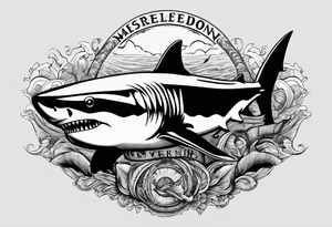 megalodon ni text vertically with the shark and the water wrapping around the text tattoo idea