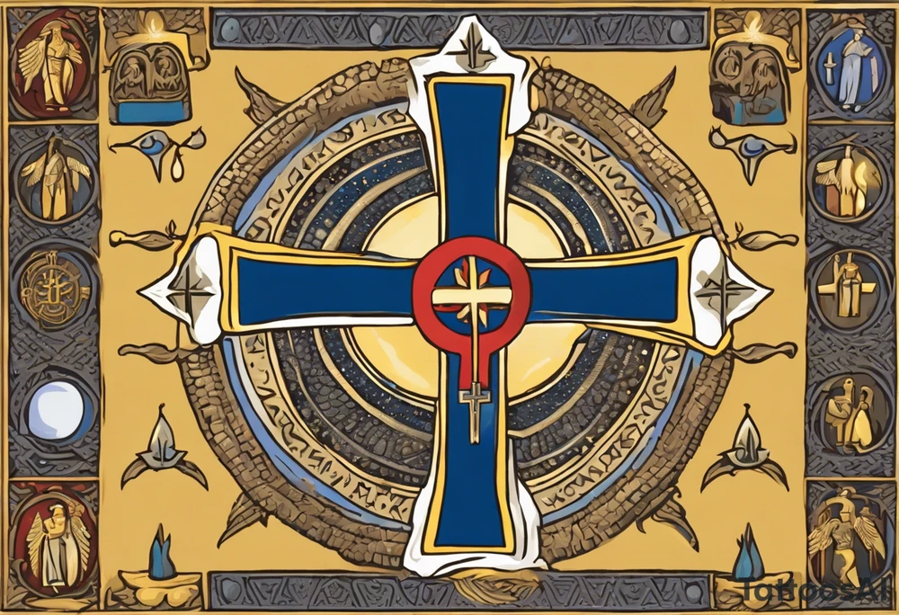 A medieval cross with an assyrian flag in the middle. A crown om top of the cross. The assyrian king Sennacherib. A sun and a moon. A cloud with rain and thunder. charizard. an imperfect cirkle. a candle. a swan. lemons. the god asshur with wings. an ankh. angel wings with a halo. surrounded by olive branches and feathers. tattoo idea