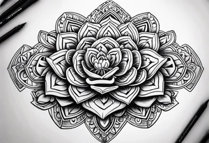 Create a masculine aztec tattoo design carved in stone featuring three flower buds of Gypsophila spp. tattoo idea