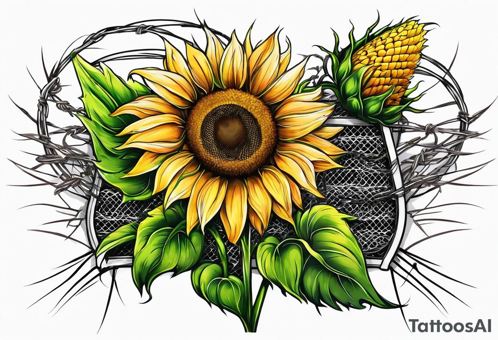 Sunflower, wheat, and barbed wire half sleeve tattoo idea