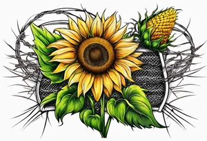Sunflower, wheat, and barbed wire half sleeve tattoo idea
