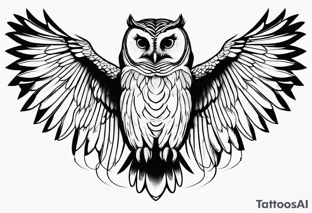 barred owl wings outstretched with a snake in its feet tattoo idea