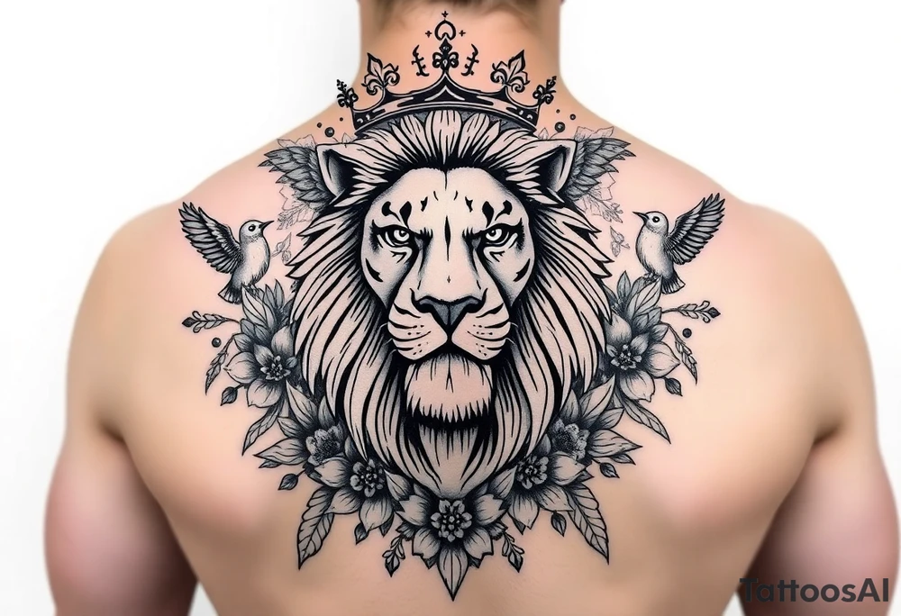 powerful majestic lion with a crown, surrounded by floral ornaments and birds tattoo idea