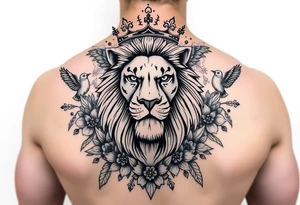 powerful majestic lion with a crown, surrounded by floral ornaments and birds tattoo idea
