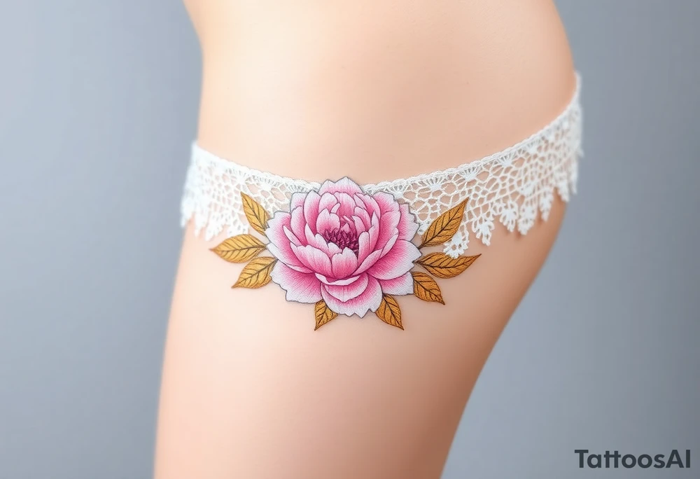 lace garter tattoo with pastel pink peony and petals with golden leaves tattoo idea