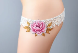 lace garter tattoo with pastel pink peony and petals with golden leaves tattoo idea