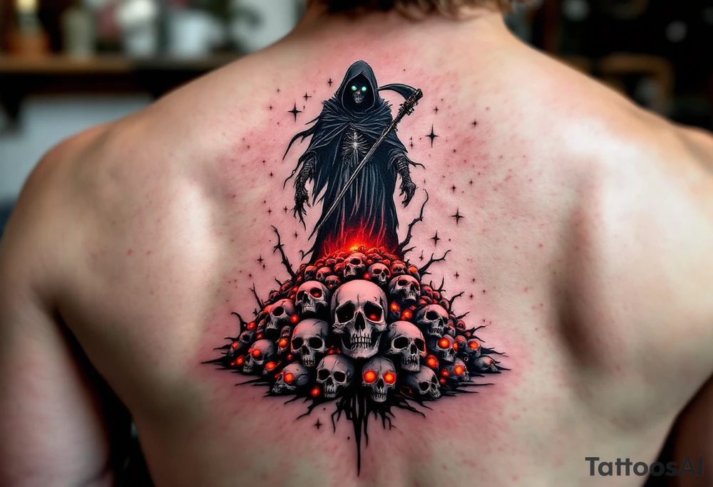 A black-and-gray Reaper with deep green eyes standing atop a pile of glowing red skull tattoo idea