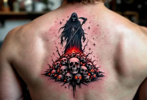 A black-and-gray Reaper with deep green eyes standing atop a pile of glowing red skull tattoo idea