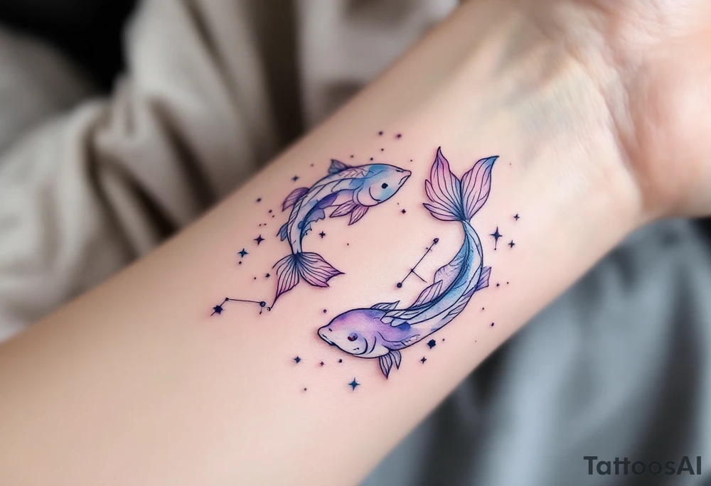 A delicate watercolor Pisces constellation tattoo in soft blues and purples symbolizes the dreamy essence of the zodiac sign. tattoo idea