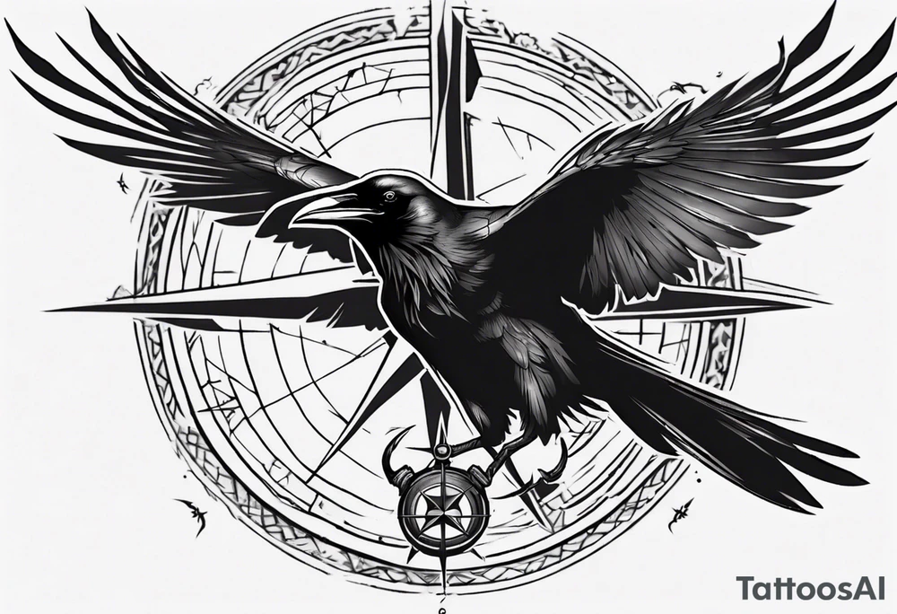 black raven with flying toward the foreground with a viking compass in the background tattoo idea