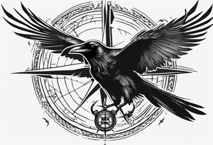 black raven with flying toward the foreground with a viking compass in the background tattoo idea
