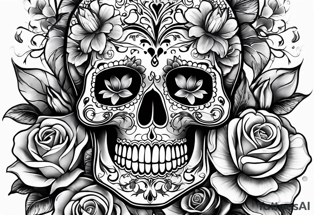 Sugar skull with roses daisies and water lilies for half sleeve down arm tattoo idea