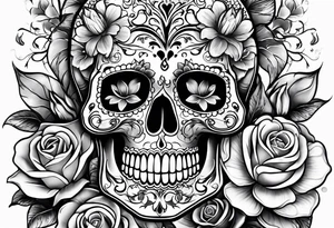 Sugar skull with roses daisies and water lilies for half sleeve down arm tattoo idea