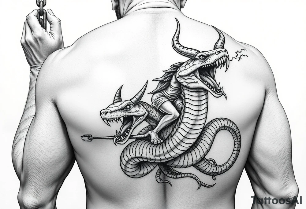 A giant ugly man at tall as a sky scraper holding a chain with a snake and something with devils horns ridding the snake both being slaves the snake has a wide shaped cobra head with goat horns and  a mouth full of sharp teeth and long fangs like a saber tooth tiger with the demonic guy riding on the back of snake with a pitch fork in 1 hand tattoo idea