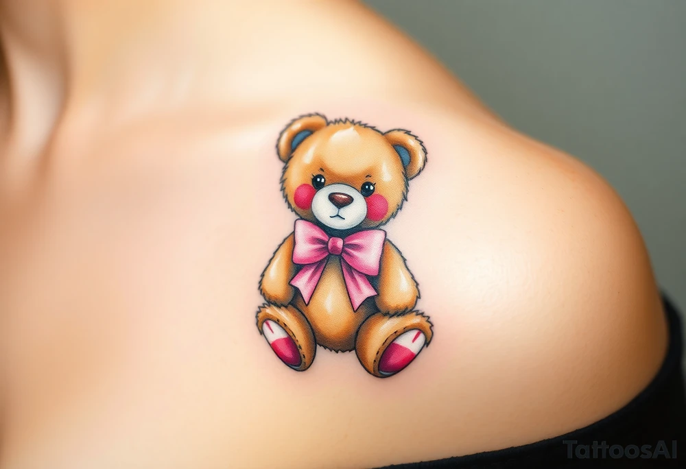 realistic tan teddy bear with a pink bow around its neck tattoo idea