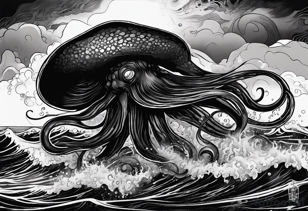 The horrifying squid hides itself in ink and turns the color of its body to black to blend into the black sea tattoo idea
