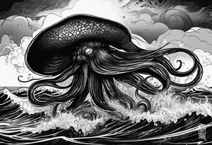 The horrifying squid hides itself in ink and turns the color of its body to black to blend into the black sea tattoo idea