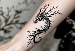 dragon japanese style sakura trees abstract lines dark/rough aesthetic tattoo idea