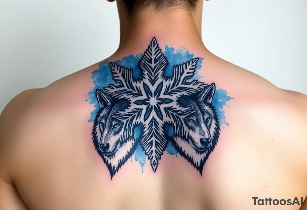 A white snowflake on Blue watercolor backround with two wolfs tattoo idea