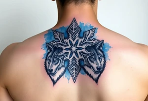 A white snowflake on Blue watercolor backround with two wolfs tattoo idea