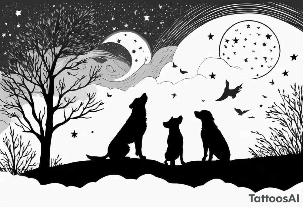 3 black silhouettes of dogs looking up at the night sky tattoo idea
