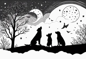 3 black silhouettes of dogs looking up at the night sky tattoo idea