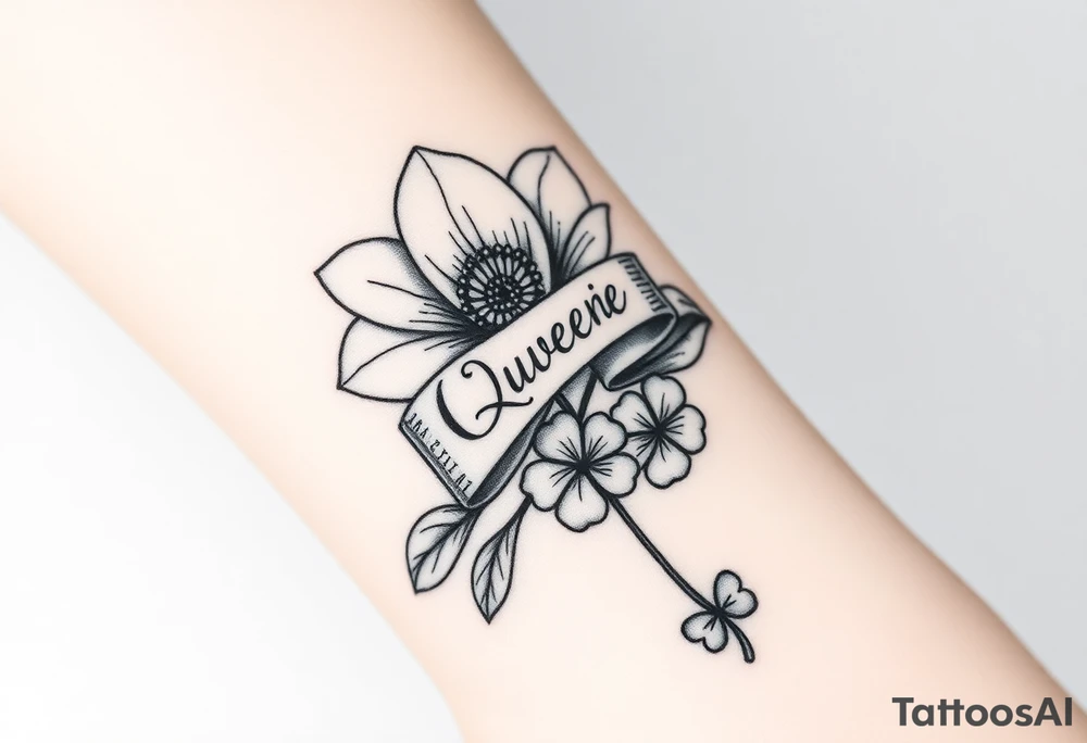 A beautiful flower with a card queen sign and a ribbon tied around the flower with queenie written on it joined by a texas star and a four leaf clover tattoo idea