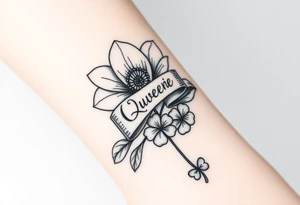 A beautiful flower with a card queen sign and a ribbon tied around the flower with queenie written on it joined by a texas star and a four leaf clover tattoo idea