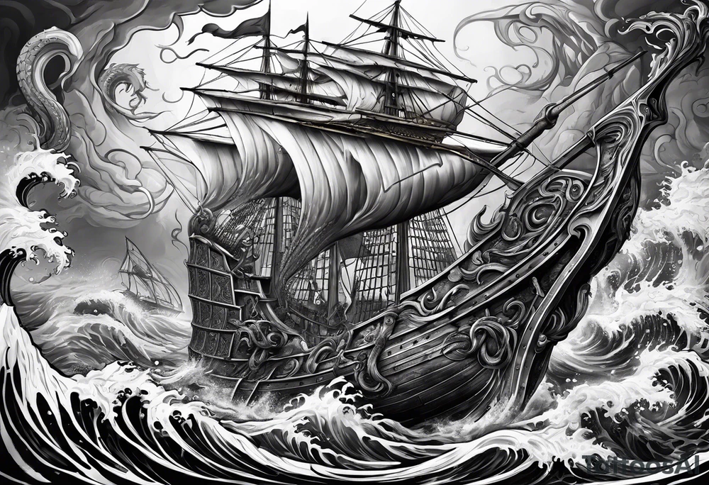 Kraken attacking Poseidon thrusting trident tattoo idea
