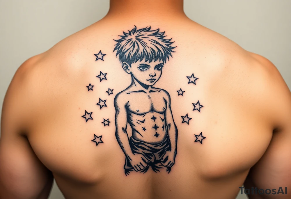 powerful human figure boy with stars around tattoo idea